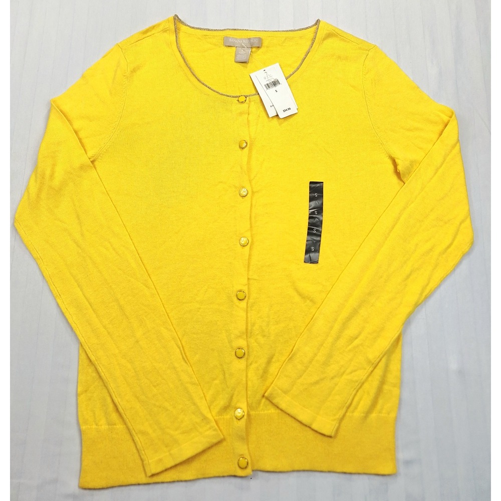 Banana Republic Womens‎ Yellow Crew Neck Cardigan Sweater Gold Trim Small NWT